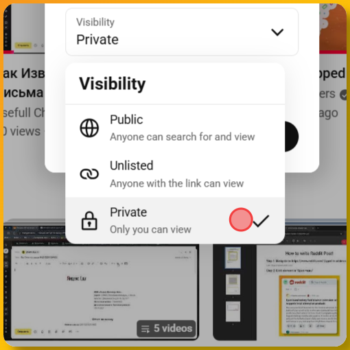 Screenshot showing how to select Private - Only you can view option for playlist privacy on YouTube